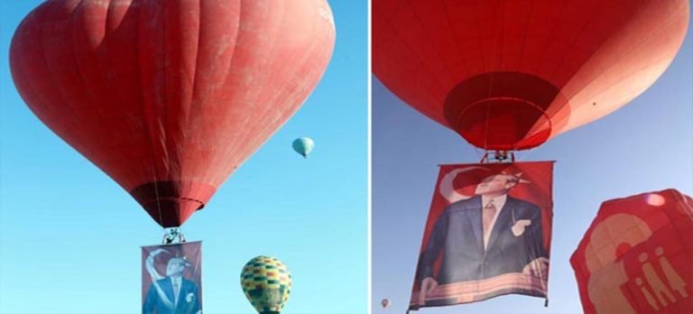 Sıcak hava balonları Atatürk posteri ve bayrakla havalandı