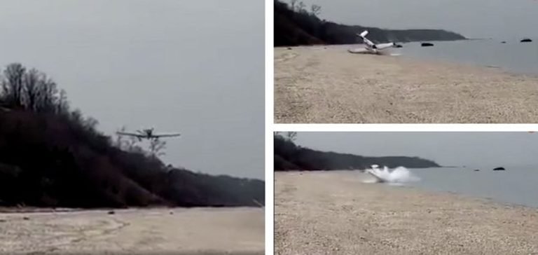 Plaja acil iniş yapan uçak denize sürüklendi